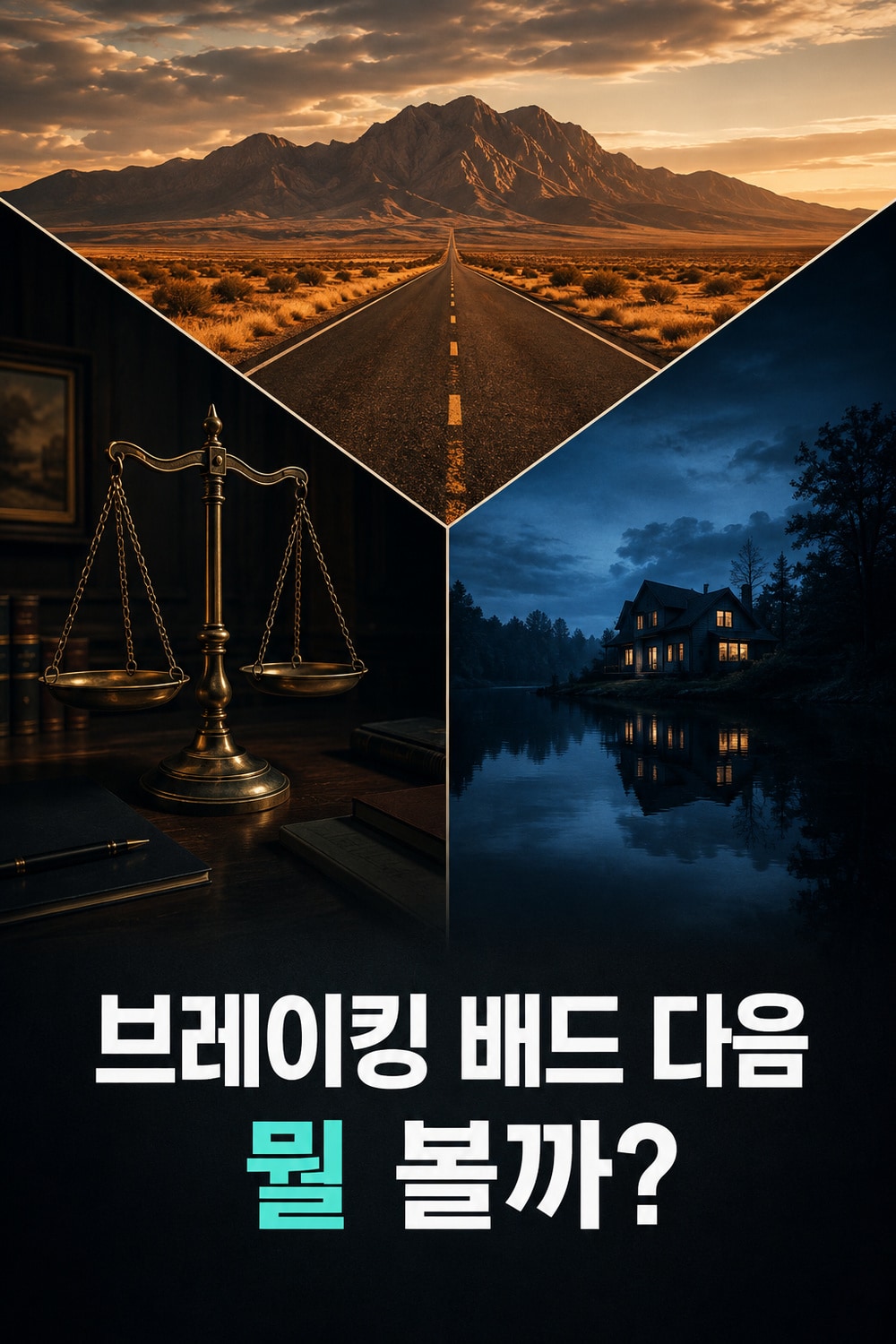 브레이킹 배드 완주 후 시청 선택을 사막 길·법률 저울·푸른 호수로 표현한 씬보다 창작 편집 이미지