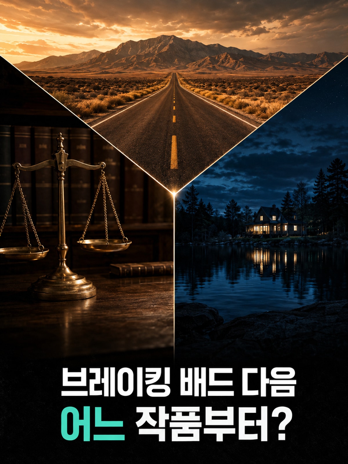 브레이킹 배드 완주 후 시청 선택을 사막 길·법률 저울·푸른 호수로 표현한 씬보다 창작 편집 이미지